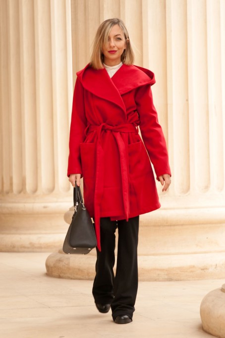 Palton de damă cu glugă din stofă - Roșu