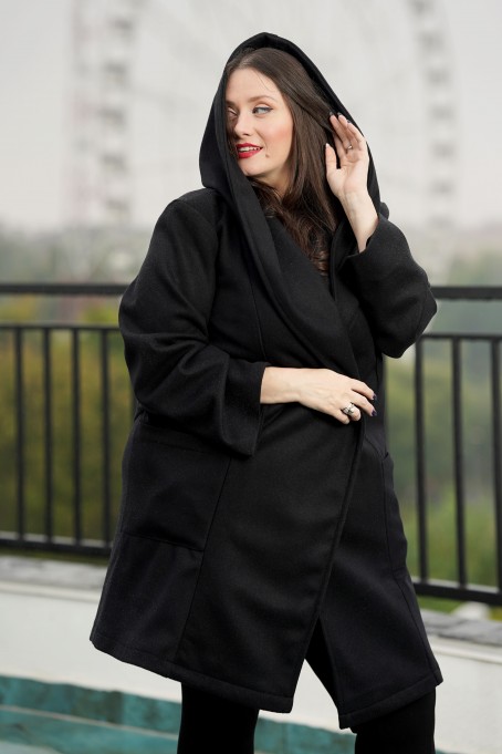 Palton de damă cu glugă din stofă- Negru