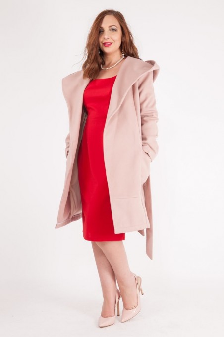 Palton de damă cu glugă din stofă- Roz pudra