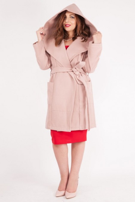 Palton de damă cu glugă din stofă- Roz pudra